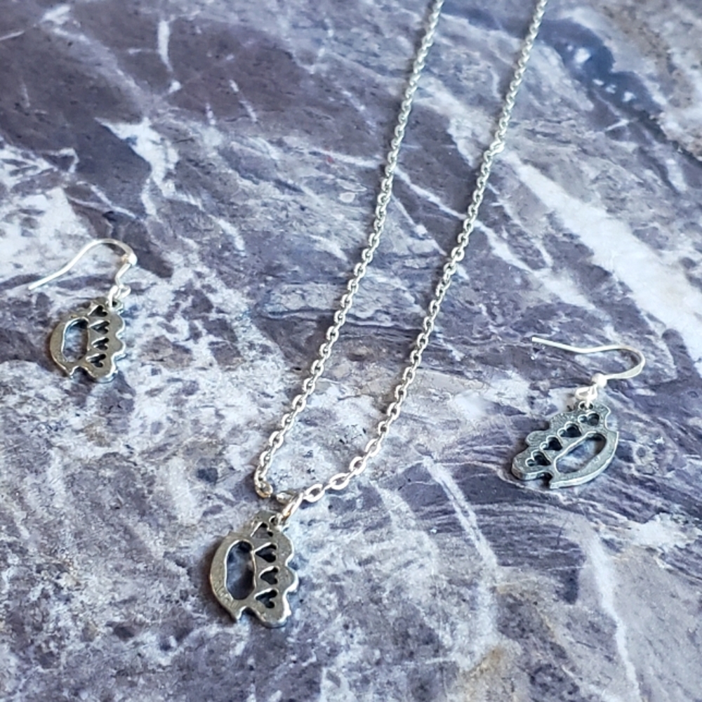 Brass knuckle necklace and earring set rockabilly style